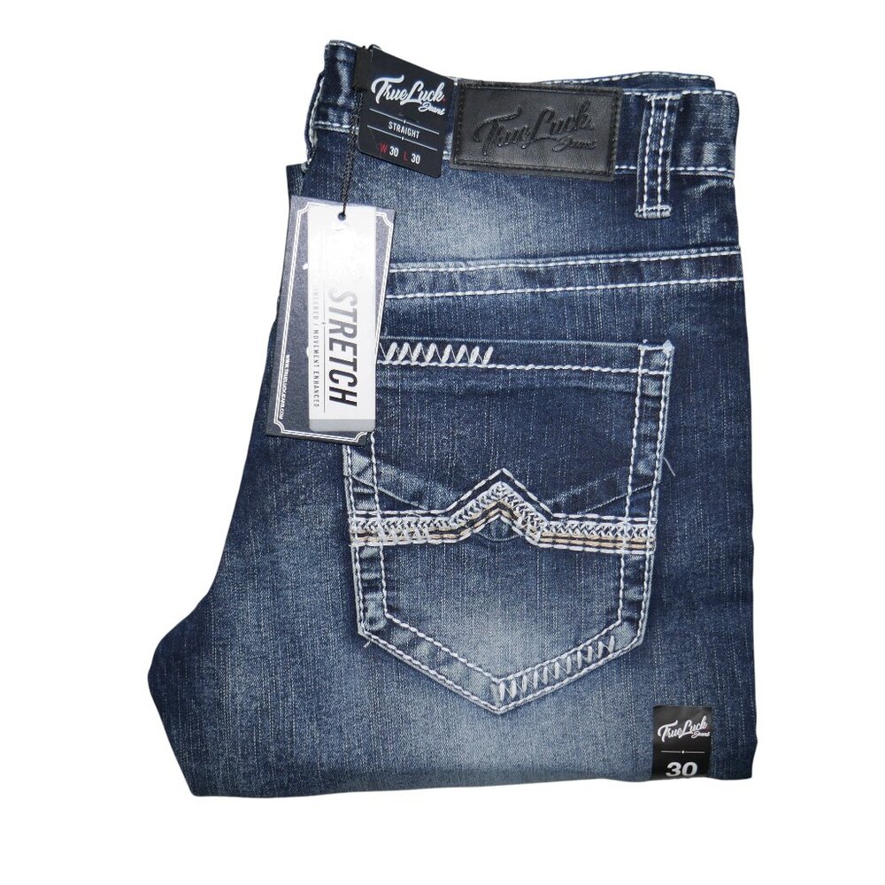 True Luck Men's Dark Wash Jeans Actual Size 34x30 Tag 30x30 (Runs Big) NWT BKE